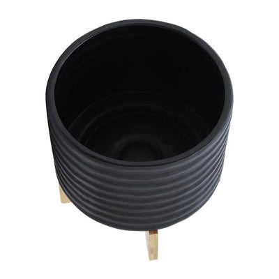 8" Textured Ceramic Planter with Wood Stand - Black