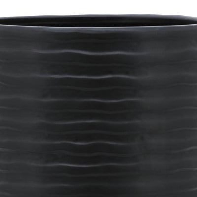 8" Textured Ceramic Planter with Wood Stand - Black