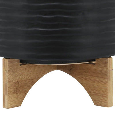 8" Textured Ceramic Planter with Wood Stand - Black