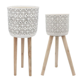 Circles Ceramic Planter with Tripod Wood Legs Set of 2 - Ivory/Beige