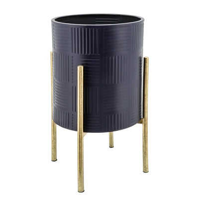 Basketweave Lines Planters on Metal Stands Set of 2 - Navy/Gold