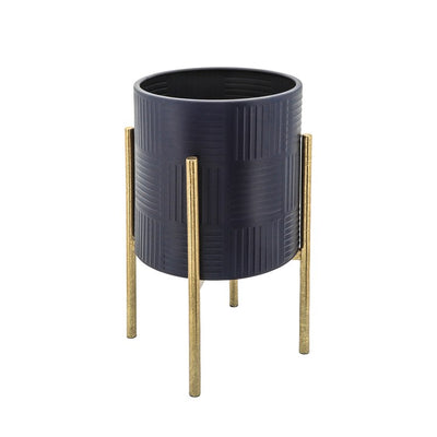 Basketweave Lines Planters on Metal Stands Set of 2 - Navy/Gold