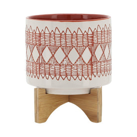 8" Aztec Ceramic Planter on Wooden Stand - Orange