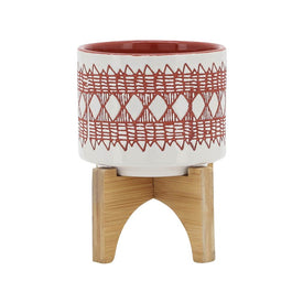 5" Aztec Ceramic Planter on Wooden Stand - Orange