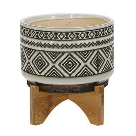 8" Diamond Pattern Ceramic Planter on Wood Stand - Ivory