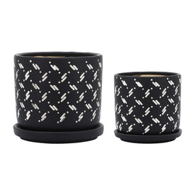 5"/6" Dots and Dashes Ceramic Planters with Saucers Set of 2 - Black
