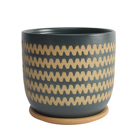 7" Zig-Zag Ceramic Planter with Saucer - Teal