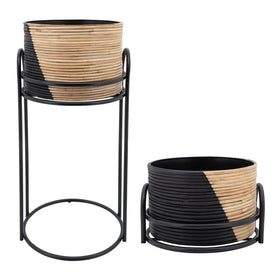 Two-Tone Wicker Planters with Round Stands Set of 2 - Black/Brown
