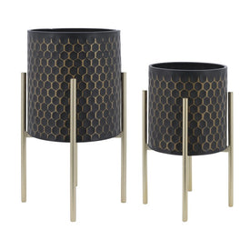3D Honeycomb Planters on Metal Stands Set of 2 - Black/Gold