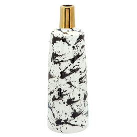 5" x 15" Splatter Pattern Ceramic Vase with Gold Lid - White/Black