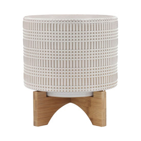 7" Tribal Lines and Xs Ceramic Planter with Wood Stand - Black
