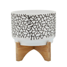 8" Crackled Planter with Wood Stand - White