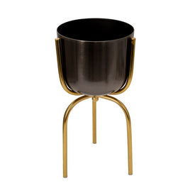 20" Metal Planter on Tripod Stand - Gunmetal/Gold