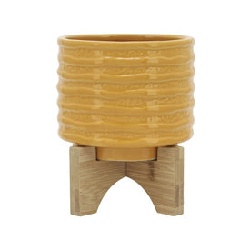 5" Textured Ceramic Planter with Wood Stand - Mustard