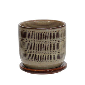 5" Etched Lines Ceramic Planter with Saucer - Brown