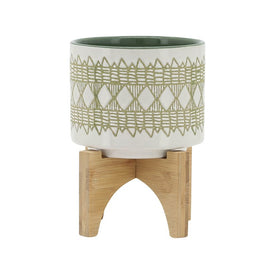 5" Aztec Ceramic Planter on Wooden Stand - Olive