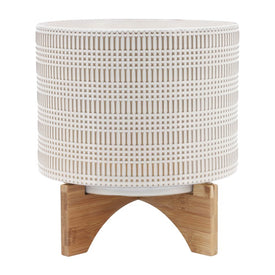 8" Tribal Lines and Xs Ceramic Planter with Wood Stand - Black
