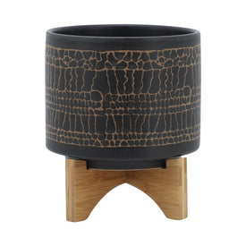 9" Glazed Ceramic Planter with Stand - Black