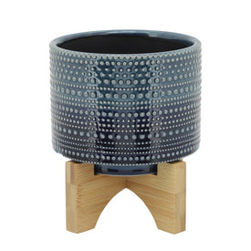 5" Dotted Ceramic Planter with Wood Stand - Blue