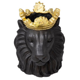 9" Polyresin Lion Head Planter with Crown - Black