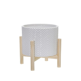 8" Chevron Ridges Ceramic Planter with Wood Stand - White