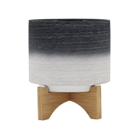8" Ceramic Planter on Wooden Stand - Gray