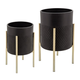 Diamond Planter on Metal Stands Set of 2 - Black/Gold