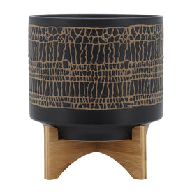 12" Glazed Ceramic Planter with Stand - Black