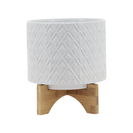 8" Diamond Ceramic Planter with Wood Stand - White