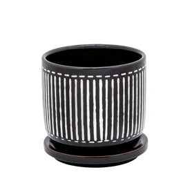5" Vertical Lines Ceramic Planter with Saucer - Black