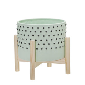 8" Polka Dots Ceramic Planter with Wood Stand - Green