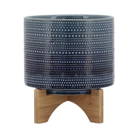 7" Dotted Ceramic Planter with Wood Stand - Blue