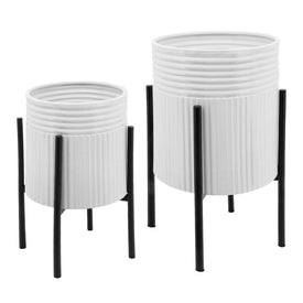 Dunes Planters on Metal Stands Set of 2 - White/Black