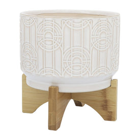 7" Circles and Arches Ceramic Planter on Wood Stand - White