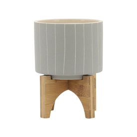 7" Vertical Stripes Planter with Stand - Tan