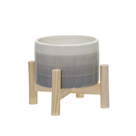 6" Tonal Stripes Ceramic Planter with Wood Stand - Beige Mix