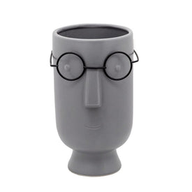 9" Face with Glasses Ceramic Vase - Gray