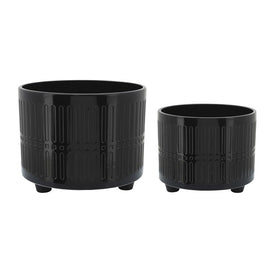 10"/12" Lines and Dots Footed Ceramic Planters Set of 2 - Black
