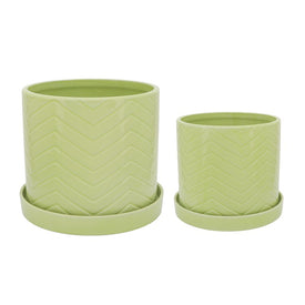 10"/12" Chevron Planters with Saucers Set of 2 - Green