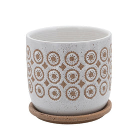 6" Swirly Circles Ceramic Planter with Saucer - Beige