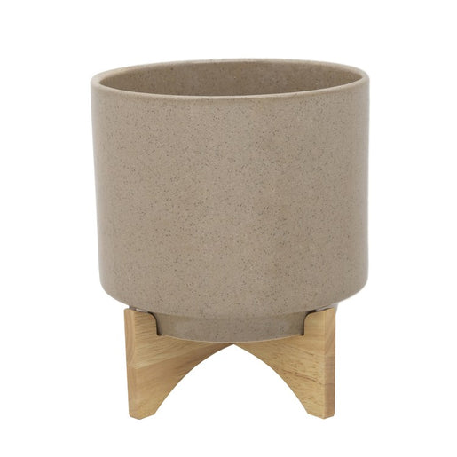 10" Speckled Ceramic Planter with Wood Stand - Beige
