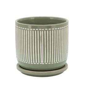 6" Vertical Lines Ceramic Planter with Saucer - Gray