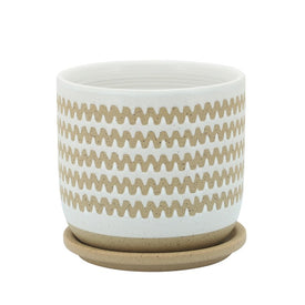 6" Zig-Zag Ceramic Planter with Saucer - White