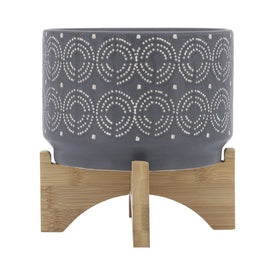 8" Dotted Swirls Ceramic Planter on Wood Stand - Gray