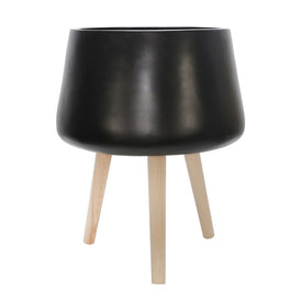 18" Ceramic Planter with Wood Legs - Matte Black
