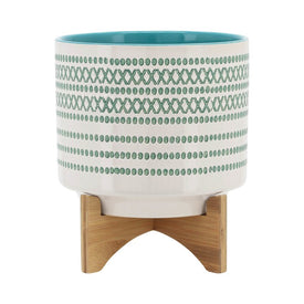 12" Dotted Ceramic Planter on Wood Stand - Turquoise