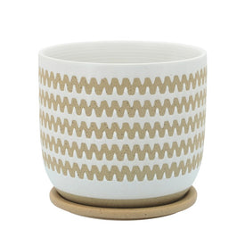 7" Zig-Zag Ceramic Planter with Saucer - White