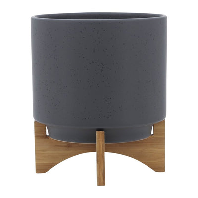 10" Speckled Ceramic Planter with Wood Stand - Matte Gray