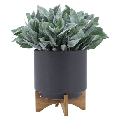10" Speckled Ceramic Planter with Wood Stand - Matte Gray
