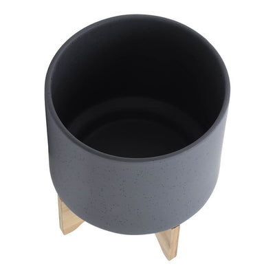 10" Speckled Ceramic Planter with Wood Stand - Matte Gray